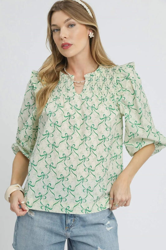 Botanical Lace-Up Ruffle Blouse