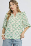 Botanical Lace-Up Ruffle Blouse