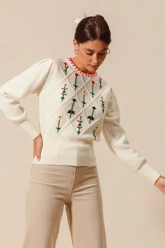 Small Flower Embroidered Sweater Top