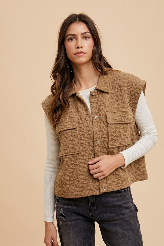 Puzzle Quilted Snap Down Vest Coat