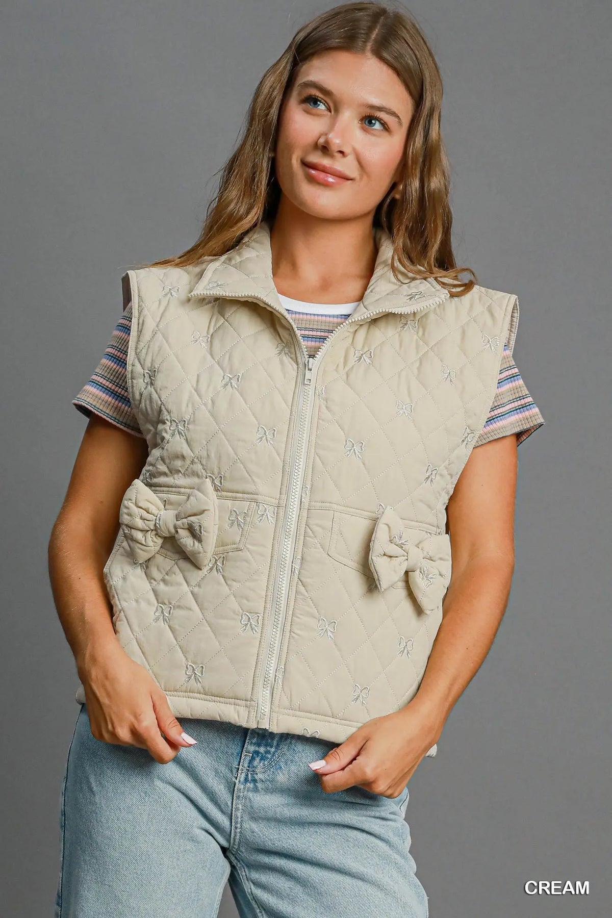 Quilted Vest Coat with Bow Accents