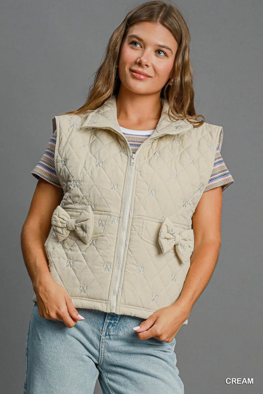 Quilted Vest Coat with Bow Accents