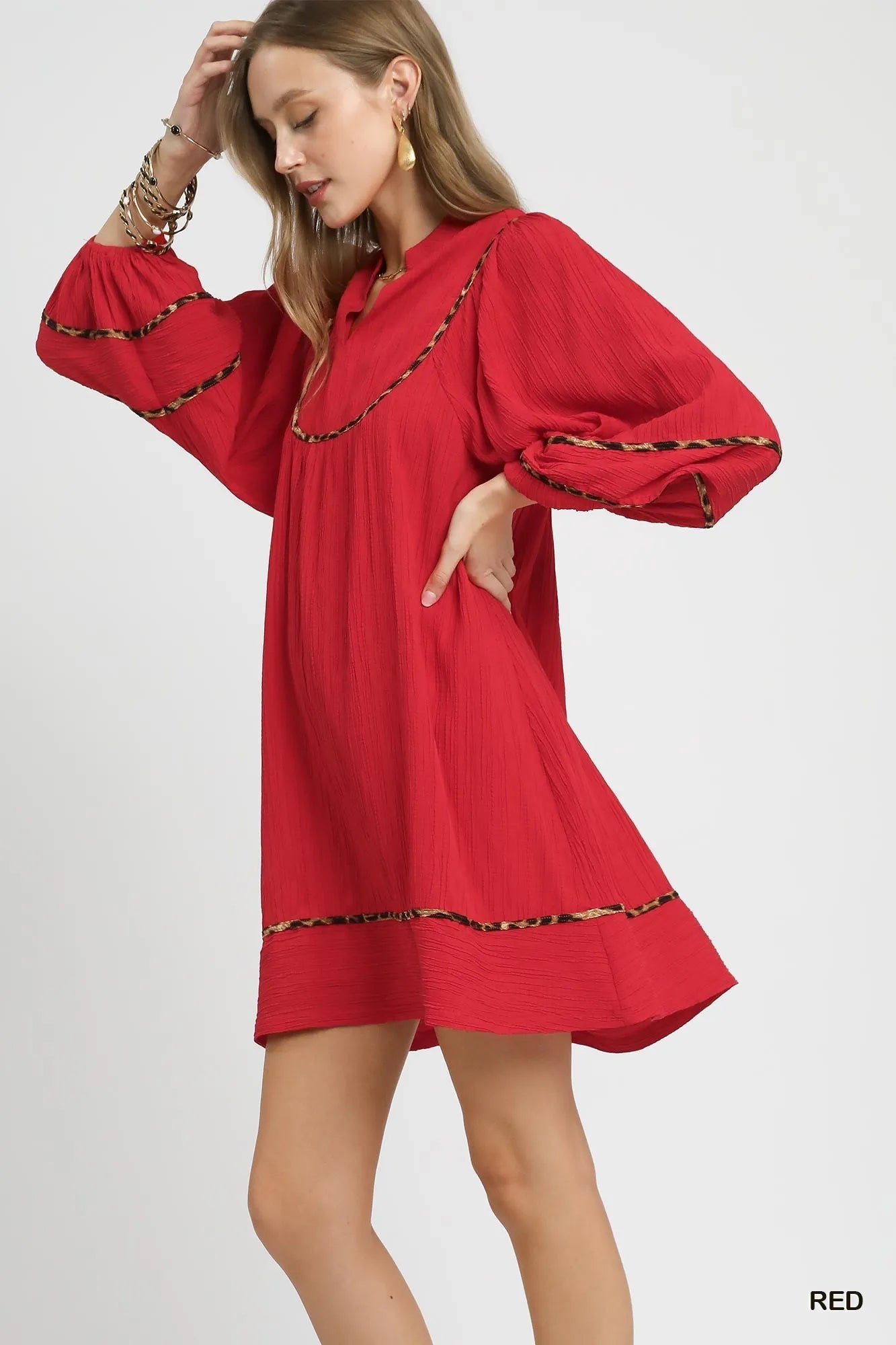 Leopard-Trimmed Textured Babydoll Tunic Dress