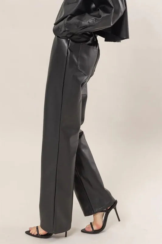 PU High Waist Straight Pants