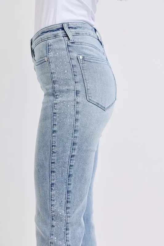 Full Size Midi Rise Rhinestone Side Panel Detail Flare Jeans Plus Size