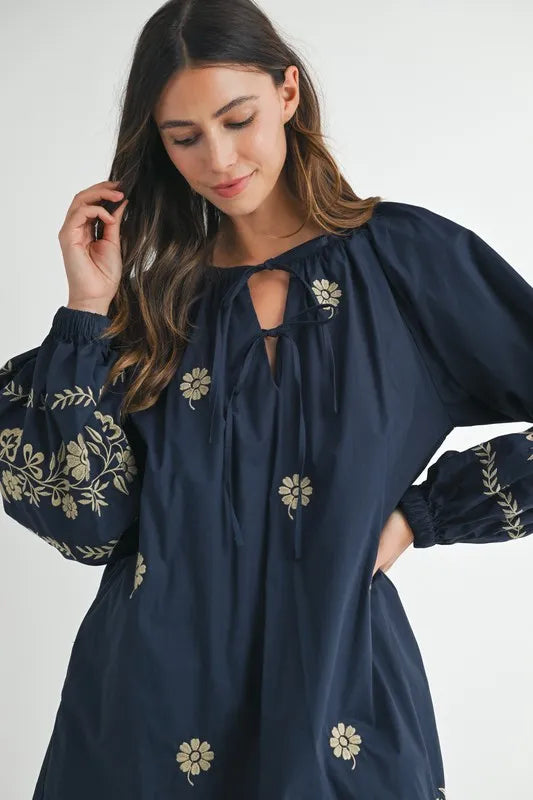 Embroidered Long Sleeve Peasant Mini Dress