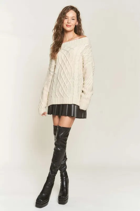  Cable Knit Off Shoulder Sweater