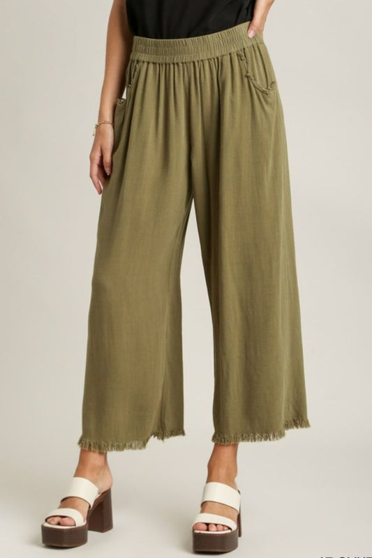Full Size Linen Blend Elastic Waistband Wide Leg Pants Plus Size