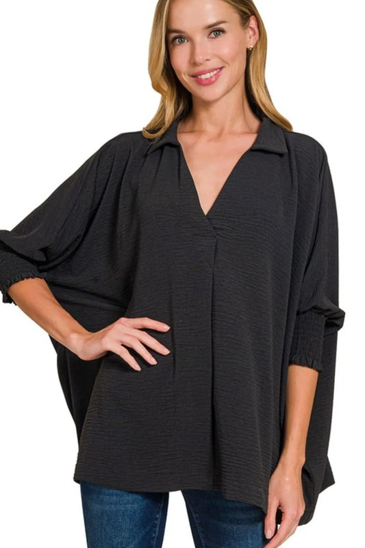 Airflow Collar Tee with Smocked Sleeve Band Top
