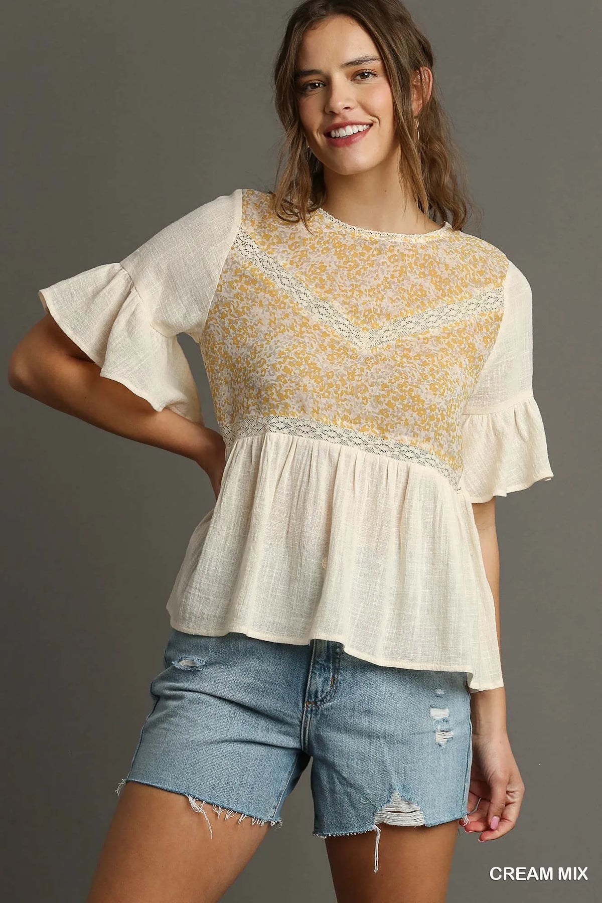 Lace-Embellished Half Sleeve Babydoll Top