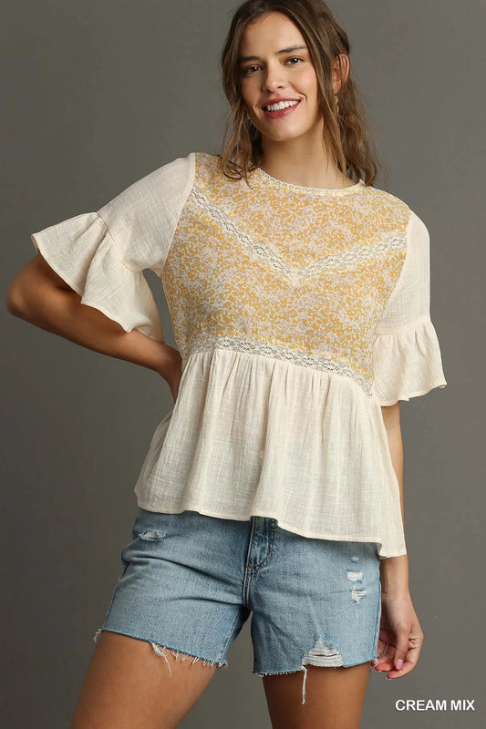 Lace-Embellished Half Sleeve Babydoll Top
