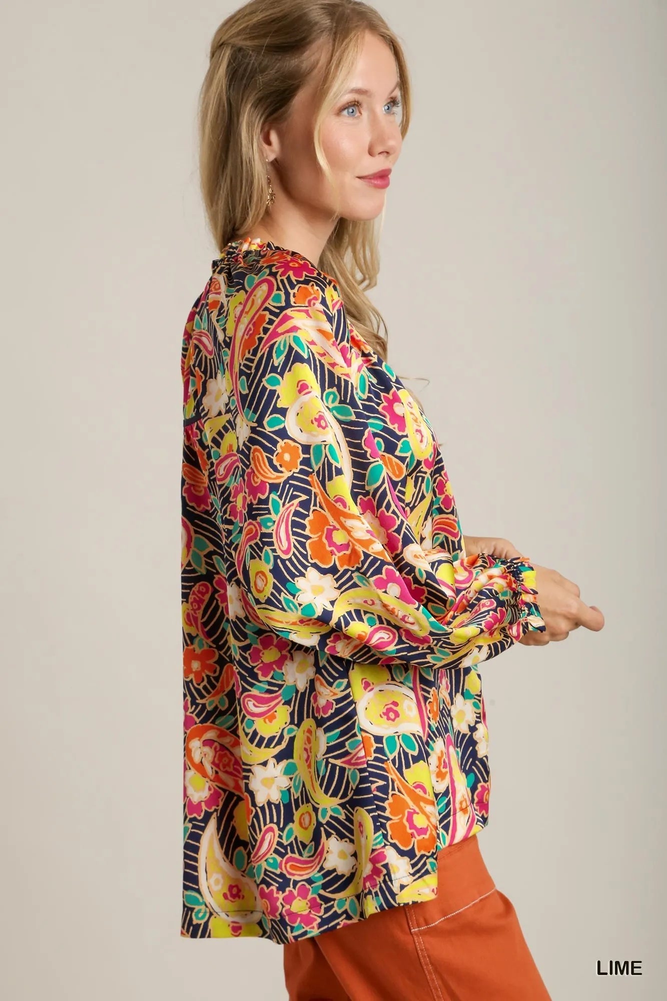 Full Size Satin Paisley Balloon Sleeve Button-Down Blouse
