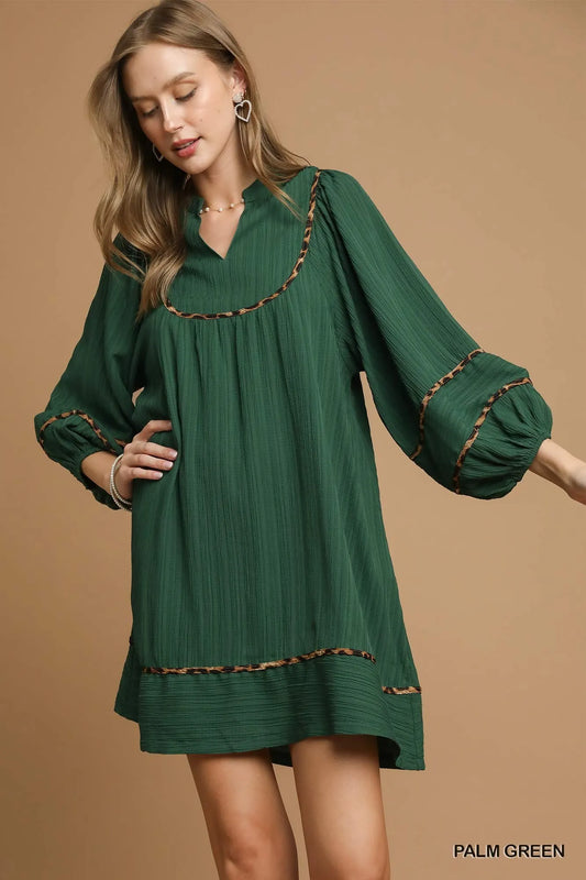 Leopard-Trimmed Textured Babydoll Cami Dress
