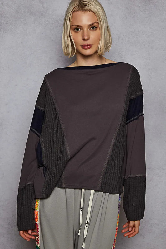 Patchwork Boat Neck Long Sleeve Top