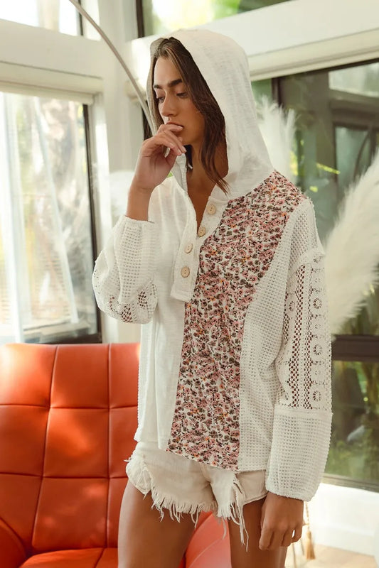 Lace-Accented Buttoned Hoodie Top
