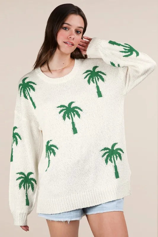 Palm Tree Graphic Oversized Knit Sweater