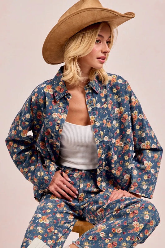 Vintage-Inspired Floral Pattern Denim Jacket