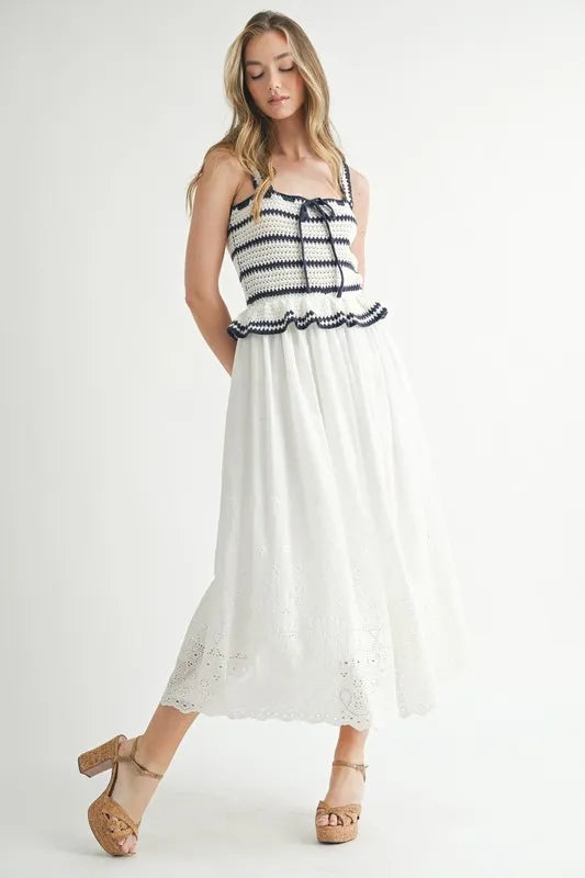 Crochet Stripe Knit Eyelet Mix Midi Dress