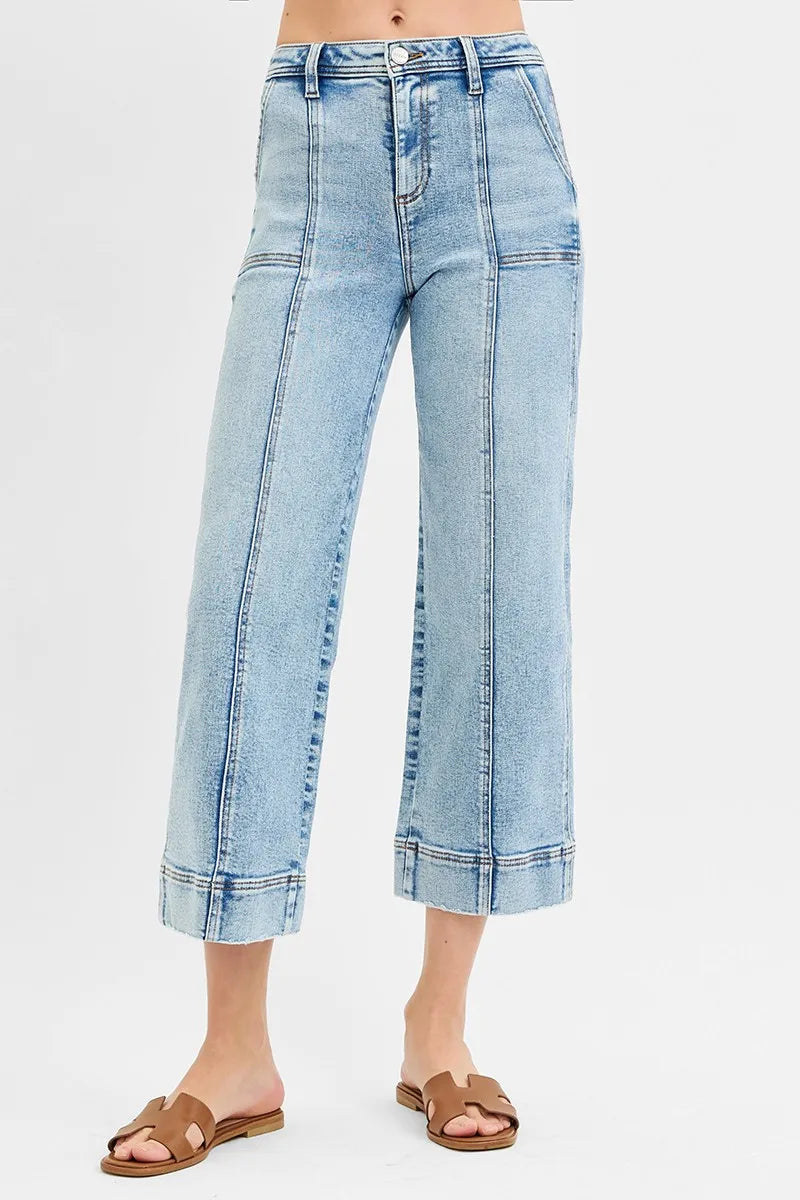 Full Size High-Rise Cropped Seam Stitch Wide-Leg Jeans