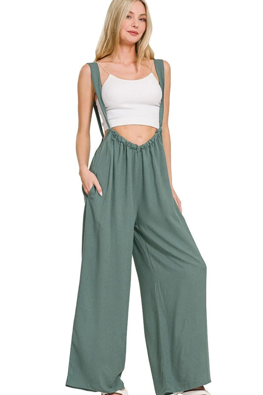 Woven Tie Back Suspender Jumpsuit