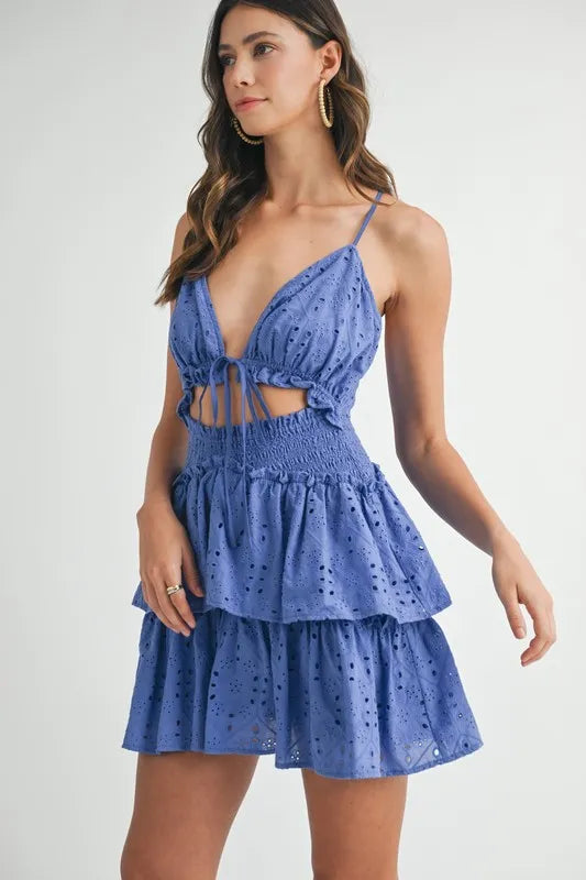 Lace Eyelet Ruffle Mini Dress With Front Cutout
