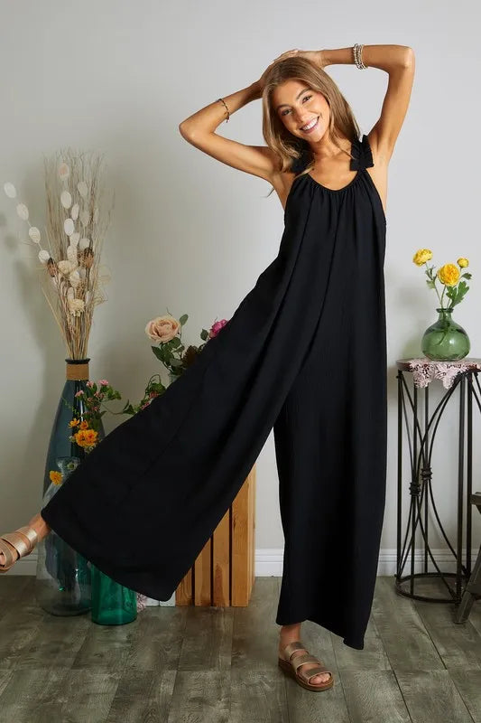 Full Size Elastic Ruffle Shoulder Jumpsuit Plus Size
