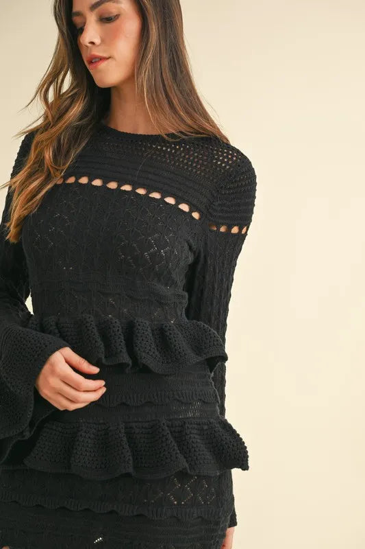 Long Sleeve Tiered Ruffle Knit Midi Dress
