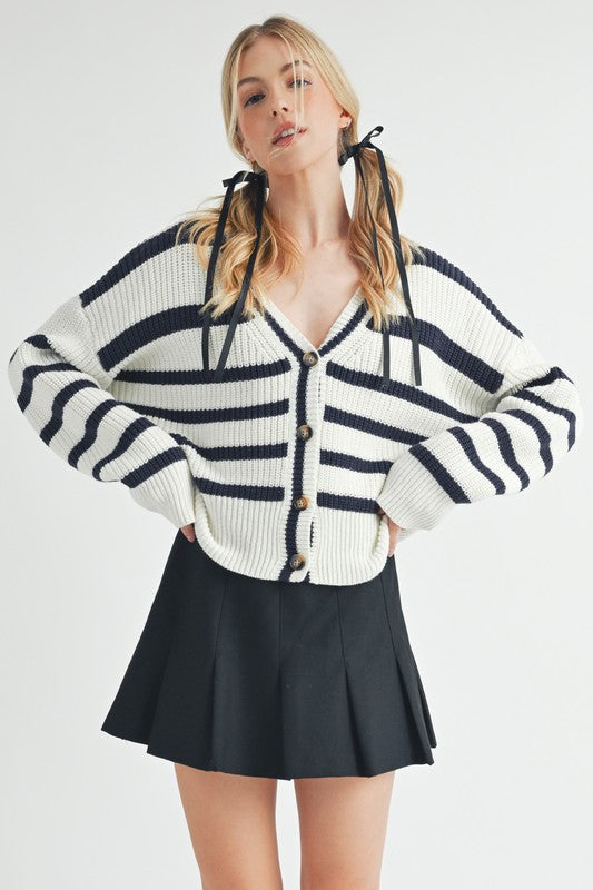 Striped V-Neck Button Down Cardigan