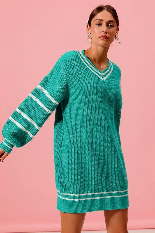 Loose V Neck Sweater Dress with Striped Sleeves