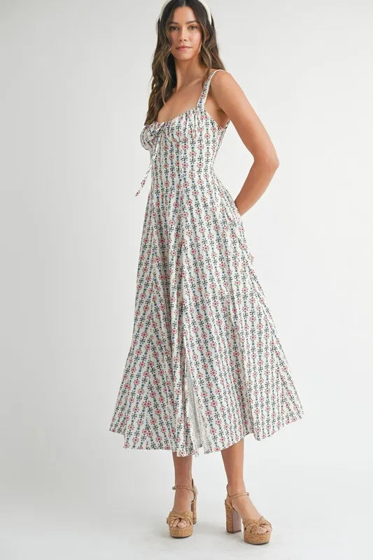 Floral Print Bustier Back Lace Up Midi Dress