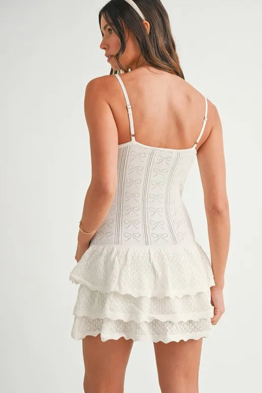 Bow Pointelle Knit Ruffle Mini Dress