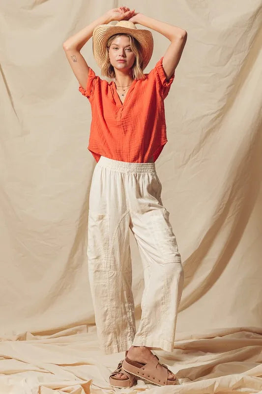 Cotton Linen Textured Woven Slouchy Wide Leg Pants