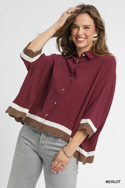 Chic Scallop-Hemmed Colorblock Button-Up Shirt