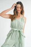 Washed Fabric Spaghetti Strap Waist Belted Jumpsuit