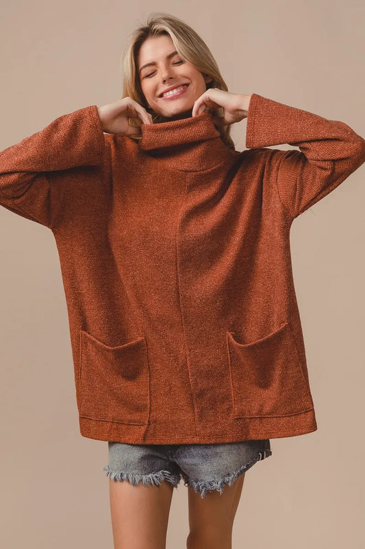 Piper Ribbed Double Pocket Turtle Neck Pullover