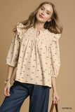 Corduroy Blouse with Puff Sleeves and Ruffles