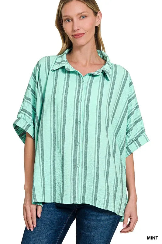 Woven Yarn-Dye Stripe Oversized Button Down Shirt