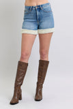 High-Waist Plus Size Denim Shorts with Sherpa Trim