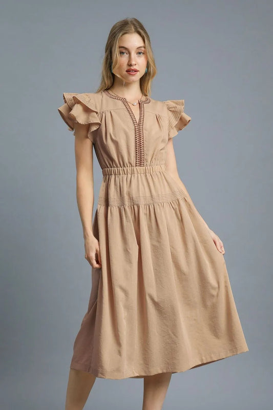 Flutter Sleeve Midi Dress with Lace Trim Accents