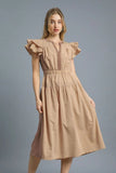 Flutter Sleeve Midi Dress with Lace Trim Accents