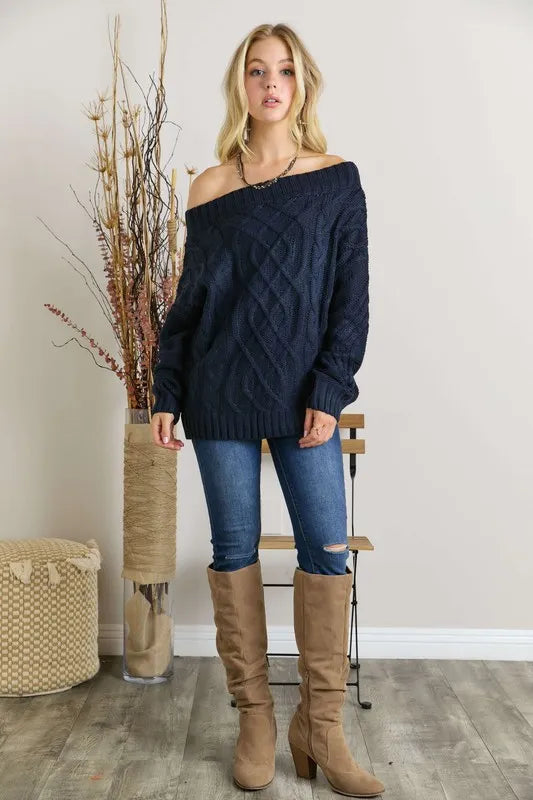  Cable Knit Off Shoulder Sweater