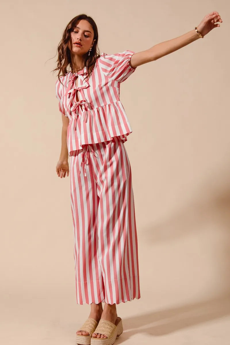 Bow-Front Striped Blouse and Relaxed Wide-Leg Pant Ensemble