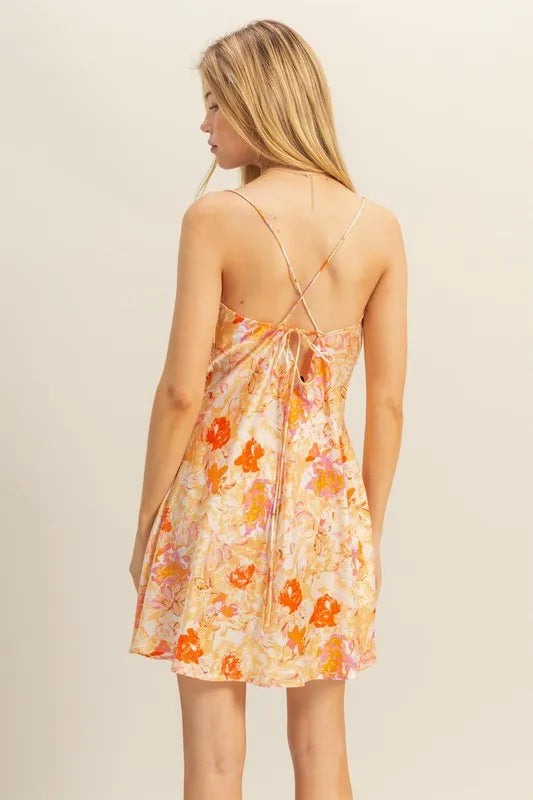 Floral Cowl Neck Flirty Satin Mini Dress