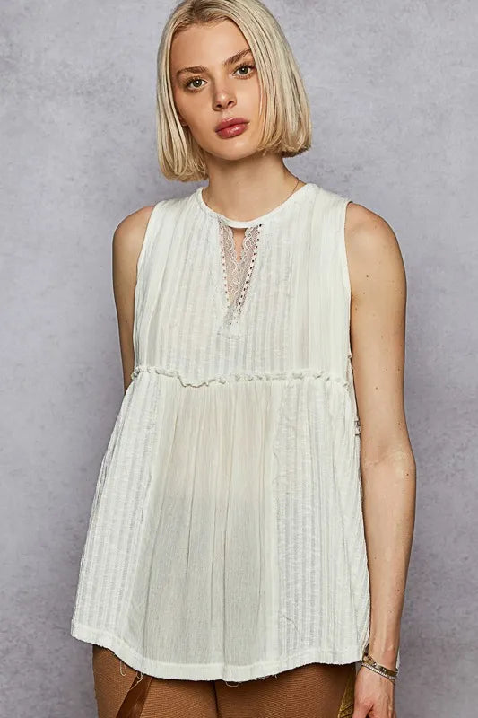 Lace-Accented Pintuck Neckline Sleeveless Top