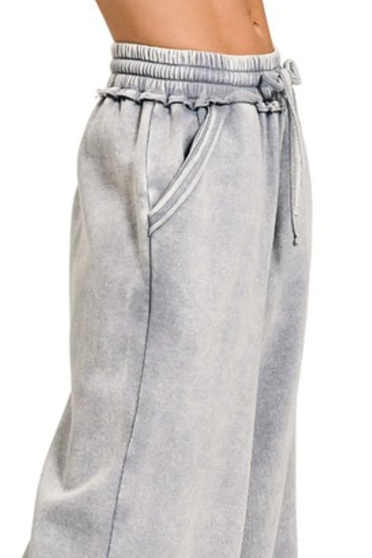 Acid Wash Fleece Palazzo Sweatpants with Pockets