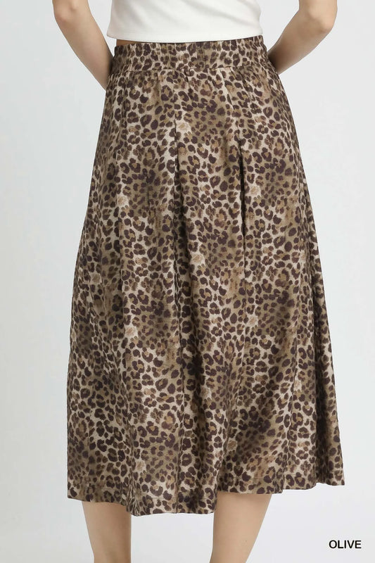 Elastic Waist Leopard Print Midi Skirt