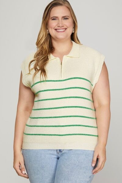 Full Size Ribbed Hem Striped Half Zip Sweater Vest Plus Size