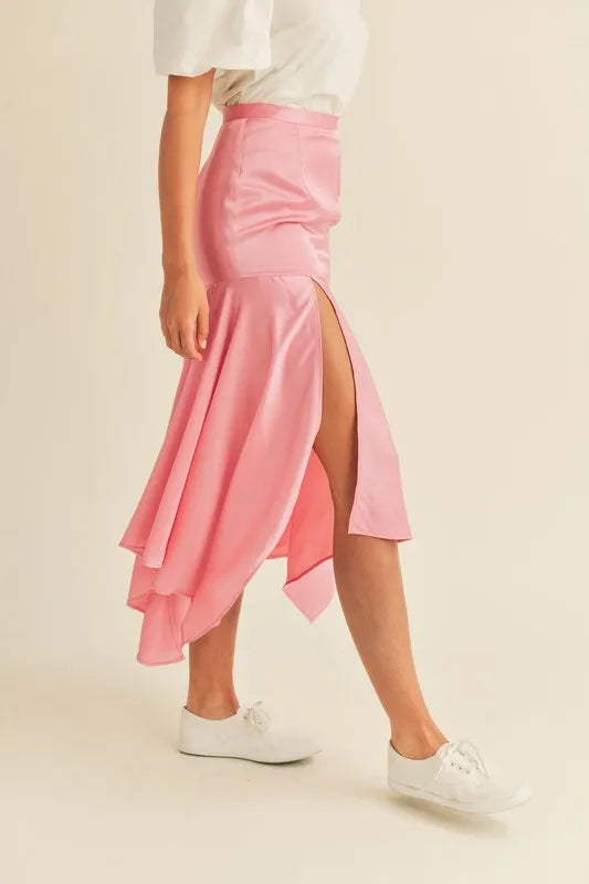 Satin Handkerchief Asymmetrical Hem Midi Skirt