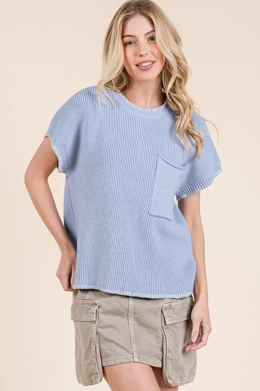Solid Cap Sleeve Stitch Edge Knit Sweater