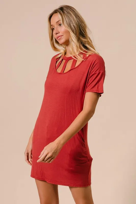 Front Cutout Mini Tee Dress with Pockets